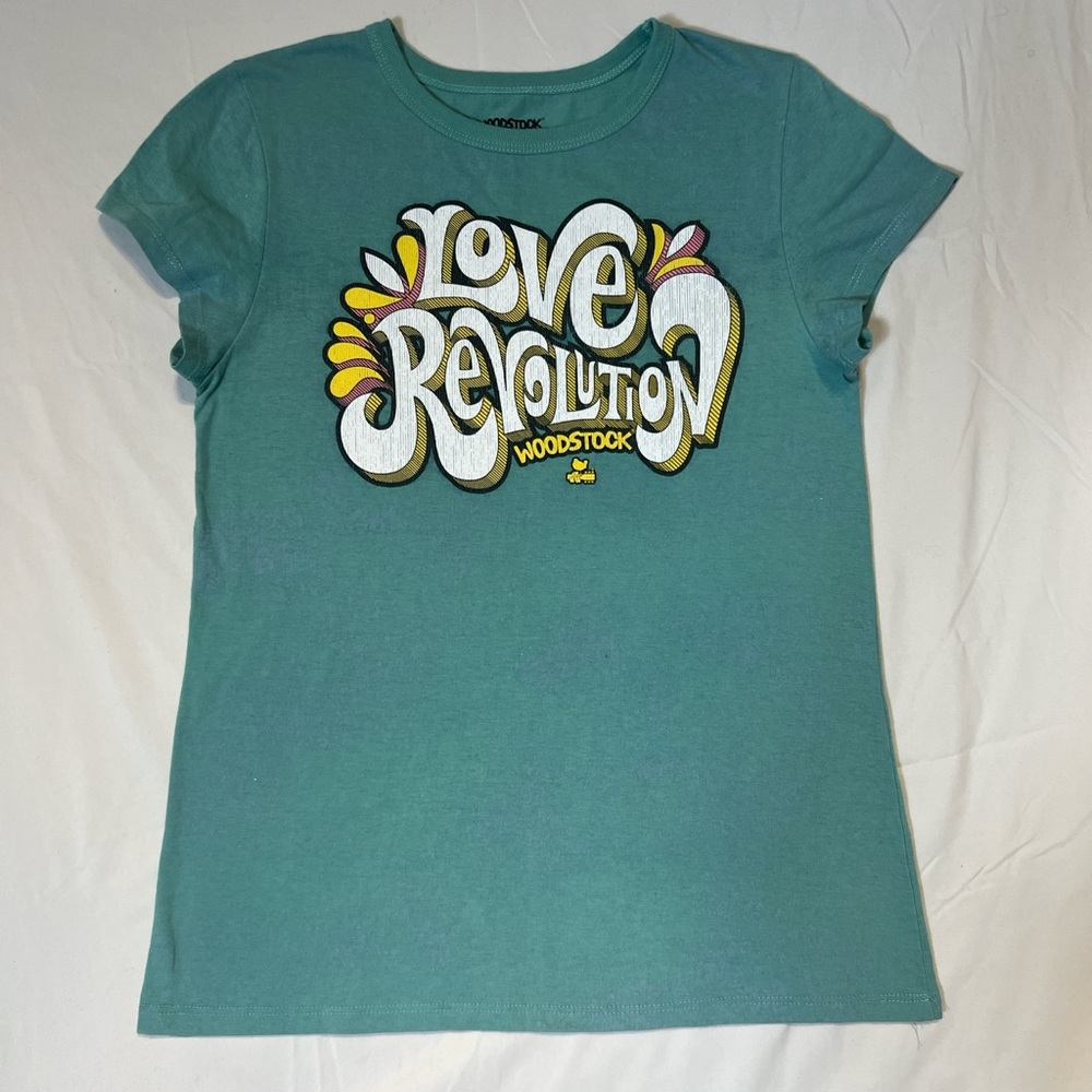 Woodstock Women's Teal Love Revolution Short Sleeve Tee